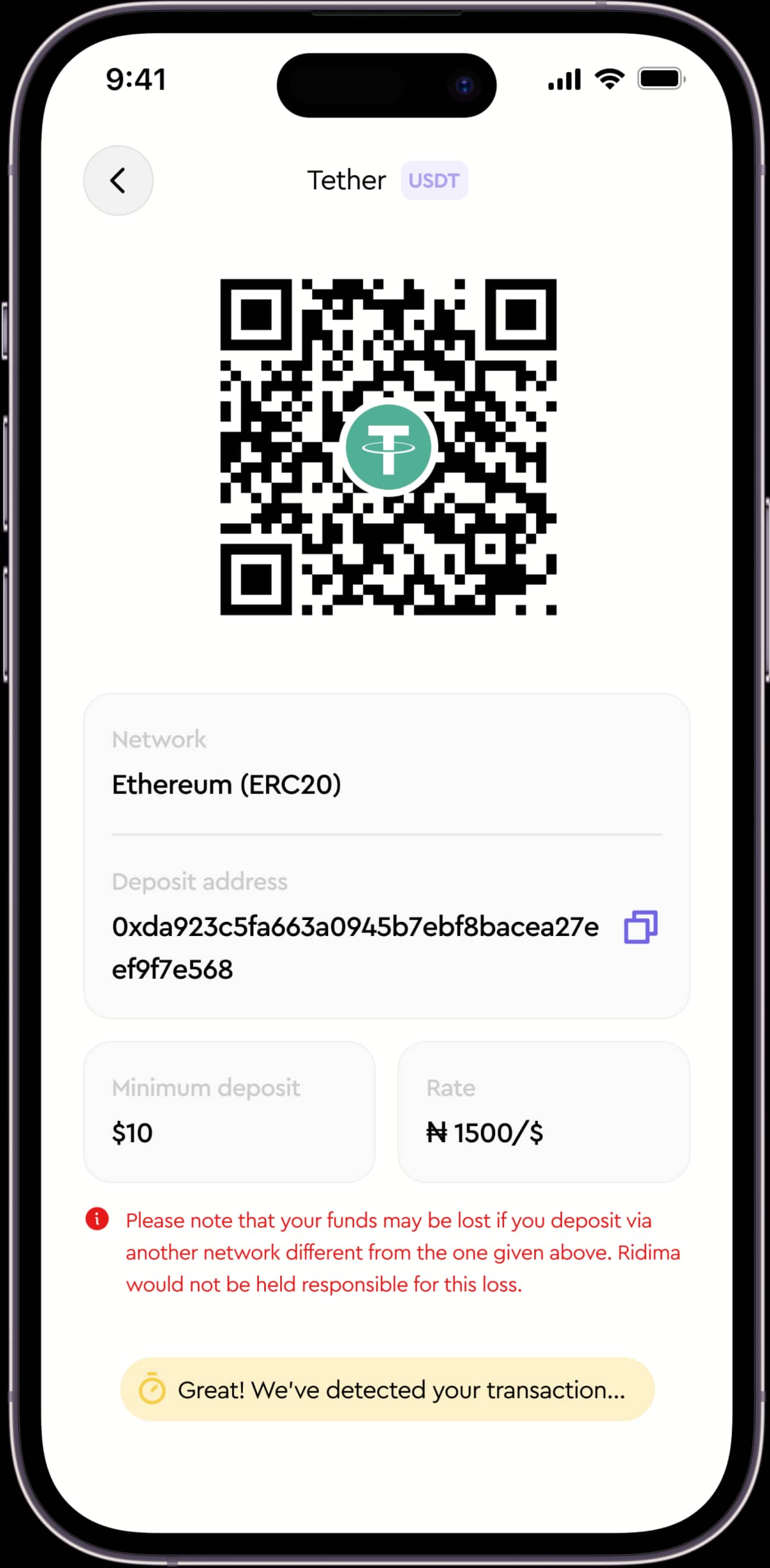 How to sell USDT on Ridima — step illustration